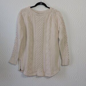 LL Bean Signature Fisherman Aran Knit Sweater L Cream Cable Knit Tunic Side Zip